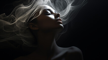 weibliches Beauty Model in sinnlicher Pose mit Nebel/ Rauch und Lichteffekten. Low Key Portrait bei dramatischem Licht. Querformat 16:9 Format. Generative Ai.