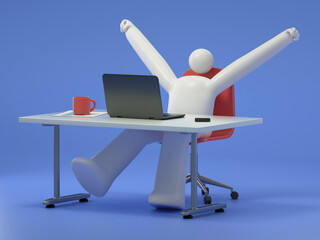 A 3D cartoon character success at work, victory in business concept. Happy employee at computer desk, rejoicing achieved goal. 3d rendering,conceptual image