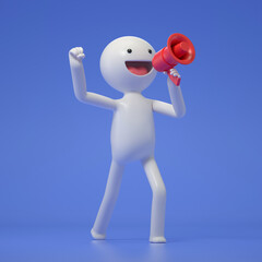 A 3D cartoon character is holding a speaker, making announcement with megaphone loudspeaker. 3d rendering,conceptual image