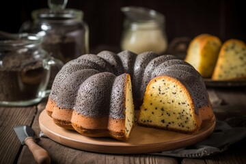 Yeast bound cake poppy food. Traditional cookie with a seed infused filling and delightful crispness. Generate AI