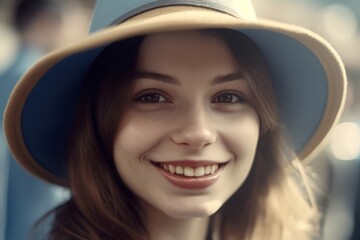 Young woman smiling hat. Very happy and joyful brunette with headgear. Generate AI