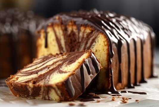 Zebra marble cake dessert. Striped sugary brown sponge biscuit with frosting. Generate AI