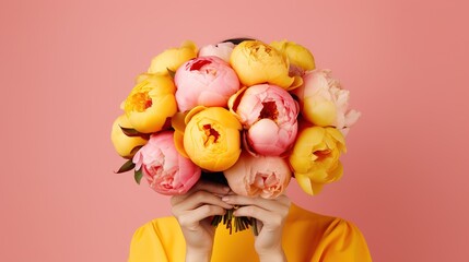 Close-up portrait of a young woman covering her face with a lush bouquet of pink and yellow peonies. Hidden behind a beautiful bouquet of bright wildflowers. Background beauty of blooming spring