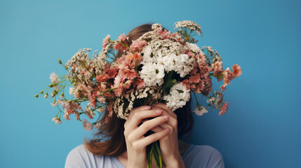 Close up portrait of a young woman covering her face with a lush bunch of buttercups. Hiding behind a beautiful bouquet of bright wildflowers. Background beauty blossom spring
