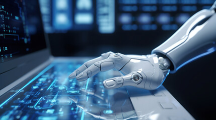 A robot's hand presses on a digital screen, artificial intelligence and automation of the production management process concept. Future technology background