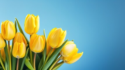 Yellow tulips on a blue background. Postcard or wallpaper for International Women's Day, Mother's Day, Easter