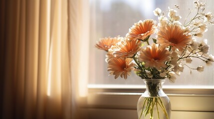 Delicate spring flowers in a glass vase on the window in a cozy country house. Illuminated by the morning sunlight.