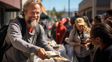 Volunteers distribute food to homeless people on a sunny city street  - obrazy, fototapety, plakaty