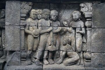 Bas relief stone sculpture at Borobudur, Indonesia