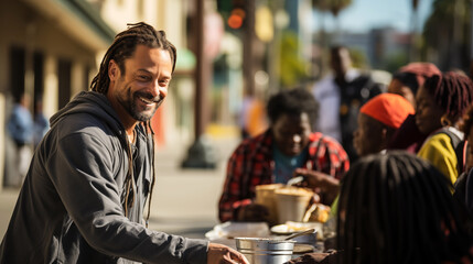 Volunteers distribute food to homeless people on a sunny city street 