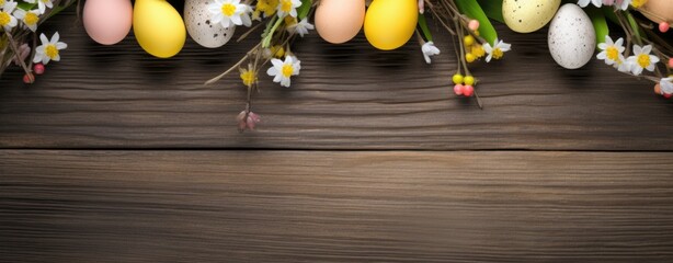 Obraz na płótnie Canvas Pastel Easter Eggs with Spring Blossoms on Dark Wood