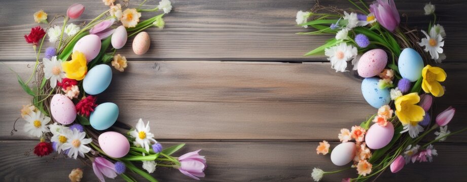 Vibrant Easter Eggs and Spring Flowers Wooden Table Display