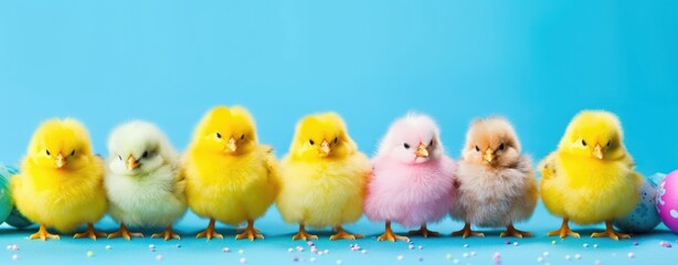 Colorful Easter Chicks Lineup on Pastel Blue Background