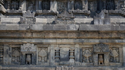 Wall sculpture around Prambanan the largest majestic Hindu stone temple in Indonesia
