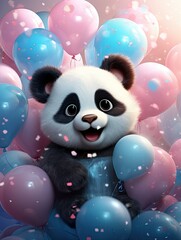 wesoła miś panda z kolorowymi balonikami różowo niebieskimi - obrazy, fototapety, plakaty