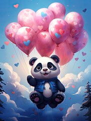 wesoła miś panda z kolorowymi balonikami różowo niebieskimi - obrazy, fototapety, plakaty