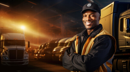 Smiling man with folded arms wearing a cap and a reflective jacket standing in front of a row of parked semi-trucks in a warehouse setting at dusk. - obrazy, fototapety, plakaty