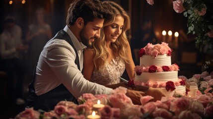 Obraz na płótnie Canvas A moment of joy: bride and groom cutting the wedding cake