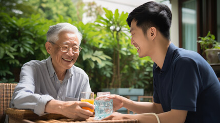 Man and his grandfather, smiling and sharing a moment of joy while drinking glasses of juice in a bright kitchen setting.