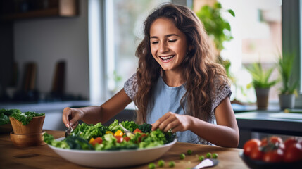 Smiling woman in a kitchen preparing a fresh salad with a variety of vegetables, reflecting a healthy lifestyle and enjoyment of cooking.