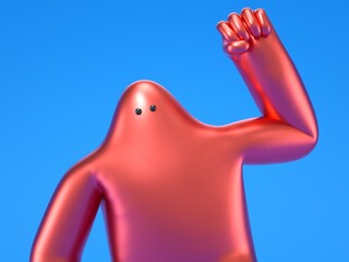 A 3D cartoon character raising his a hand, celebrating success, happy and success concept, 3d rendering,conceptual image, isolated on white background.