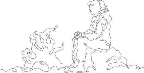 A tourist sits by the fire. A girl drinks a hot drink by the fire on a hike. A stop on the journey. One continuous line drawing. Linear. Hand drawn, white background. One line.