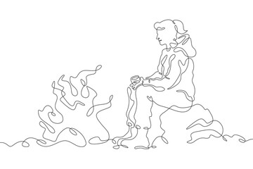 Fototapeta na wymiar A tourist sits by the fire. A girl drinks a hot drink by the fire on a hike. A stop on the journey. One continuous line drawing. Linear. Hand drawn, white background. One line.