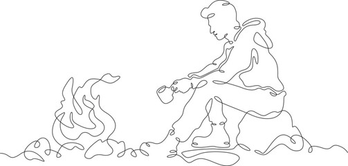 Tourist sitting by the fire. A man drinks a hot drink by the fire on a hike. A stop on the journey. One continuous line drawing. Linear. Hand drawn, white background. One line.