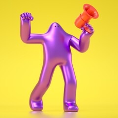 A 3D cartoon character is holding a speaker, making announcement with megaphone loudspeaker. 3d rendering,conceptual image