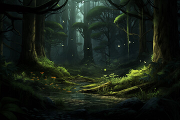 霧に包まれた神秘的な森の風景イラスト