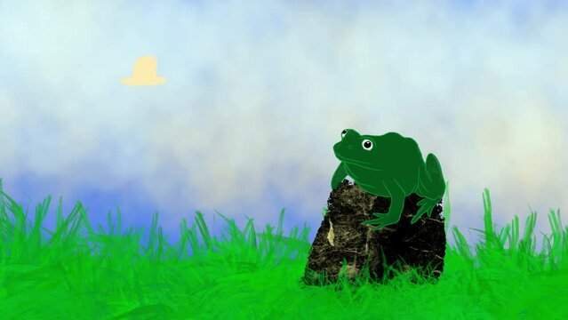 Animation of a butterfly flying over a frog on a sunny day