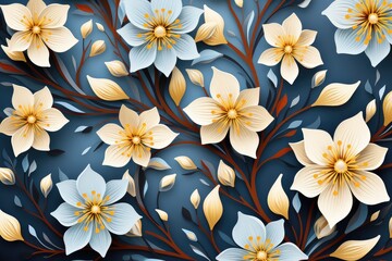 Seamless floral pattern with white flowers on blue background for Australia Day.