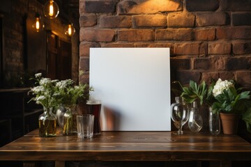 frame with poster mockup in bar beer on wooden table with brick wall and green plants