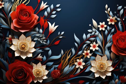 Floral background with red roses and blue leaves for Australia Day. 