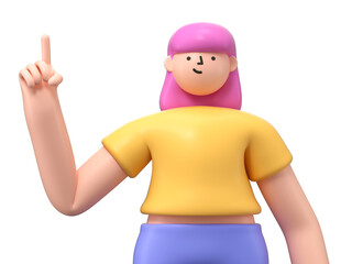 A 3D cartoon character standing and showing hand at direction,with index finger up gesture, 3d rendering,conceptual image, isolated on white background.