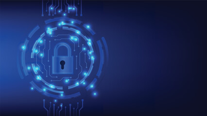 digital padlock with virtual screen on dark blue background with copy space. cyber security technology for fraud prevention and privacy data network protection concept