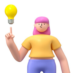 A 3D cartoon character standing with a light bulb. lightbulb as smart solution or creative business idea. 3d rendering,conceptual image