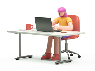 A 3D cartoon character is sitting at desktop. Work the computer, Office worker or company employee. 3d rendering,conceptual image