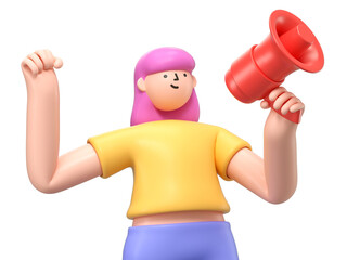 A 3D cartoon character is holding a speaker, making announcement with megaphone loudspeaker. 3d rendering,conceptual image