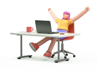 Fototapeta premium A 3D cartoon character success at work, victory in business concept. Happy employee at computer desk, rejoicing achieved goal. 3d rendering,conceptual image