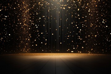 a celebratory stage is brought to life by a golden confetti shower, mockup with copy space for award ceremonies, jubilees, New Years parties, or product presentations. Created with generative AI tools - obrazy, fototapety, plakaty