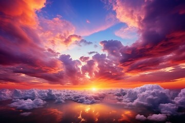 Obraz premium Nature's artistry unfolds as a breathtaking sunset fills the sky with colorful clouds, creating an epic and awe-inspiring sunset vista. Created with generative AI tools