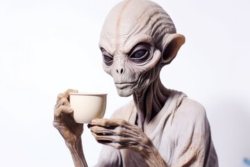 Alien With Coffee In His Hands On White Background. Сoncept Vintage Retro Fashion, Natural Landscape Beauty, Urban Street Art, Wildlife Safari Adventure