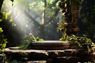 Obraz premium Stone circle pedestal in nature green forest