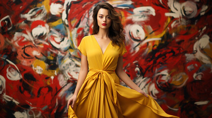 A fashion editorial photoshoot of a female model in her 20s in yellow dress