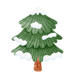 cute Christmas tree with snow watercolor hand drawing