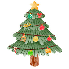 cute Christmas tree and decorations watercolor hand drawing