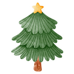 cute Christmas tree with star watercolor hand drawing