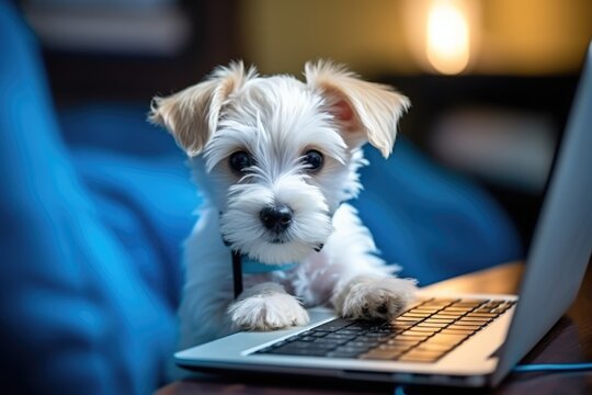 Cute Puppy At Laptop Remote Working, Online Learning, Social Media