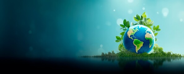  Planet ball and green leaves 3d  illustration horizontal background. Earth Day banner template, ecology and environment concept 